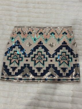 Express Beige Mini Skirt with Navy, Teal & Blush Sequin Aztec Motif